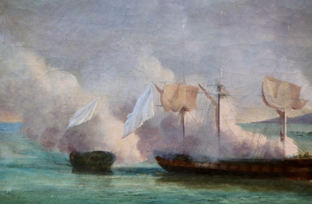Peinture XIXème Bataille Dans La Baie d'Alger -photo-1