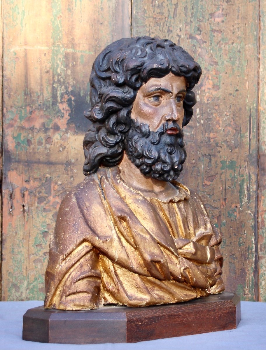 Bust Of Saint In Polychrome And Gilded Wood, 18th Century-photo-2