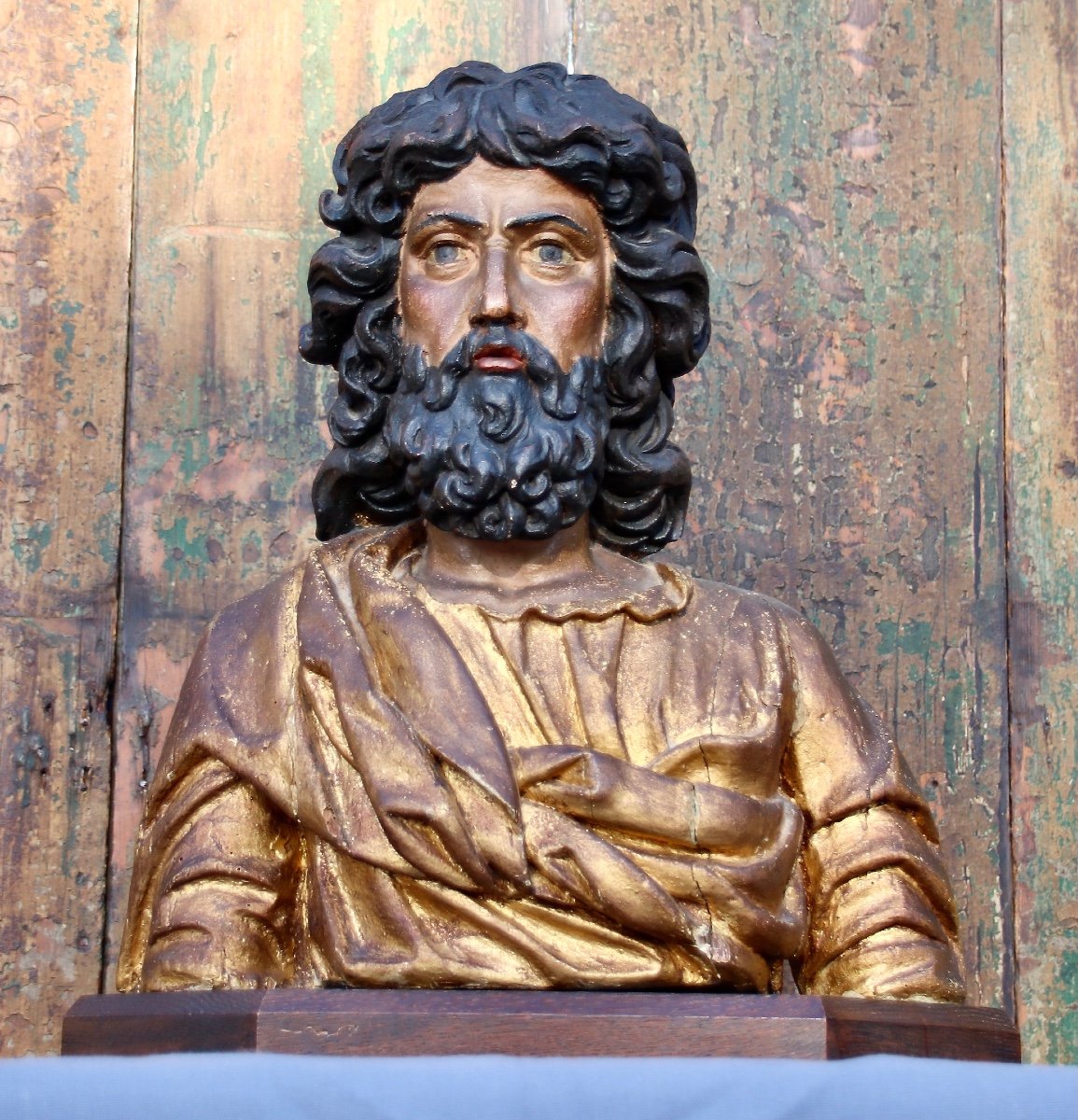 Bust Of Saint In Polychrome And Gilded Wood, 18th Century