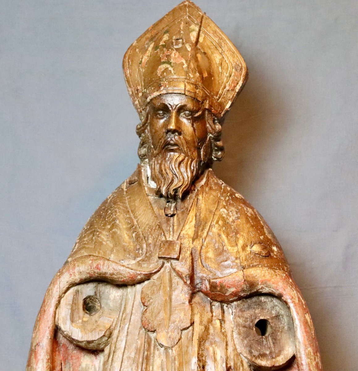 Bishop In Polychrome Oak From The 18th Century-photo-6