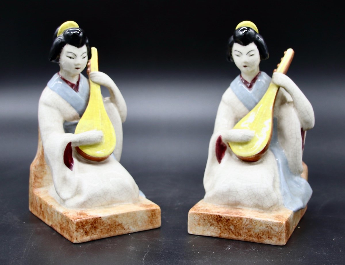 Pair Of 20th Century Earthenware Bookends Geisha Playing Liuqin-photo-3