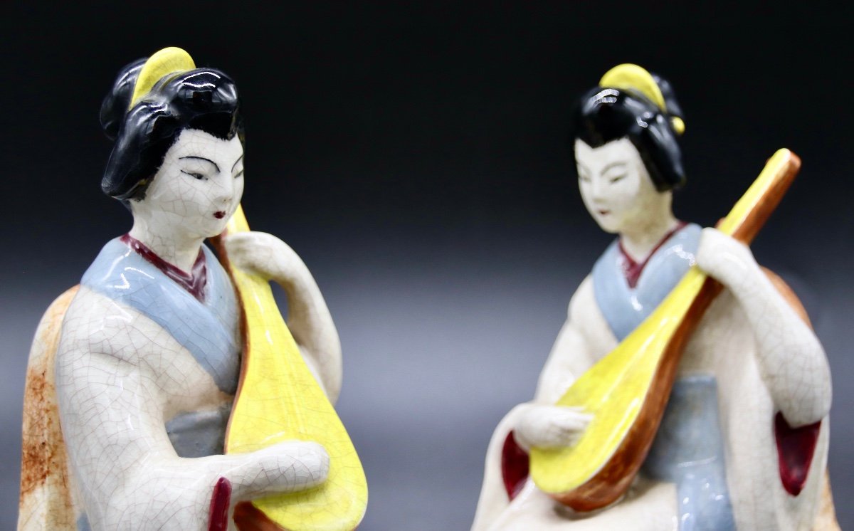 Pair Of 20th Century Earthenware Bookends Geisha Playing Liuqin-photo-4