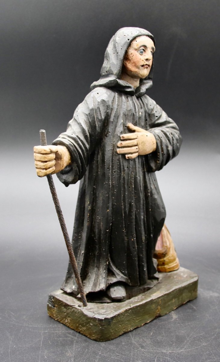 18th Century Folk Art Monk In Polychrome Wood -photo-3