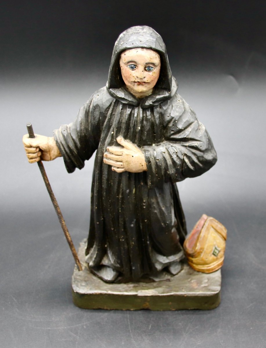 18th Century Folk Art Monk In Polychrome Wood -photo-1