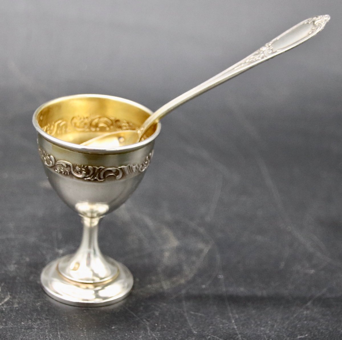 Egg Cup And Its Spoon In Silver And Vermeil 20th Century-photo-6