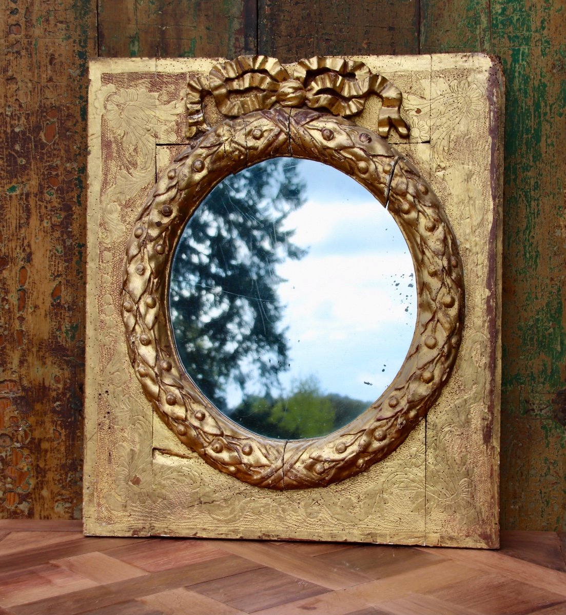 17th Century Oval Mirror In Golden Wood -photo-4