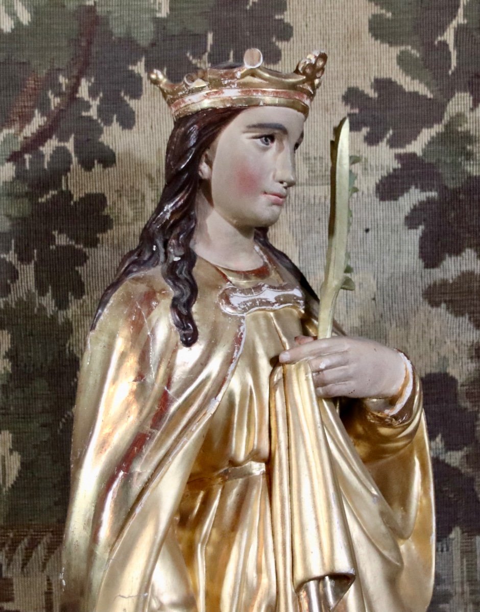 Large Sculpture Of Saint Catherine In Golden Wood, 18th Century -photo-4