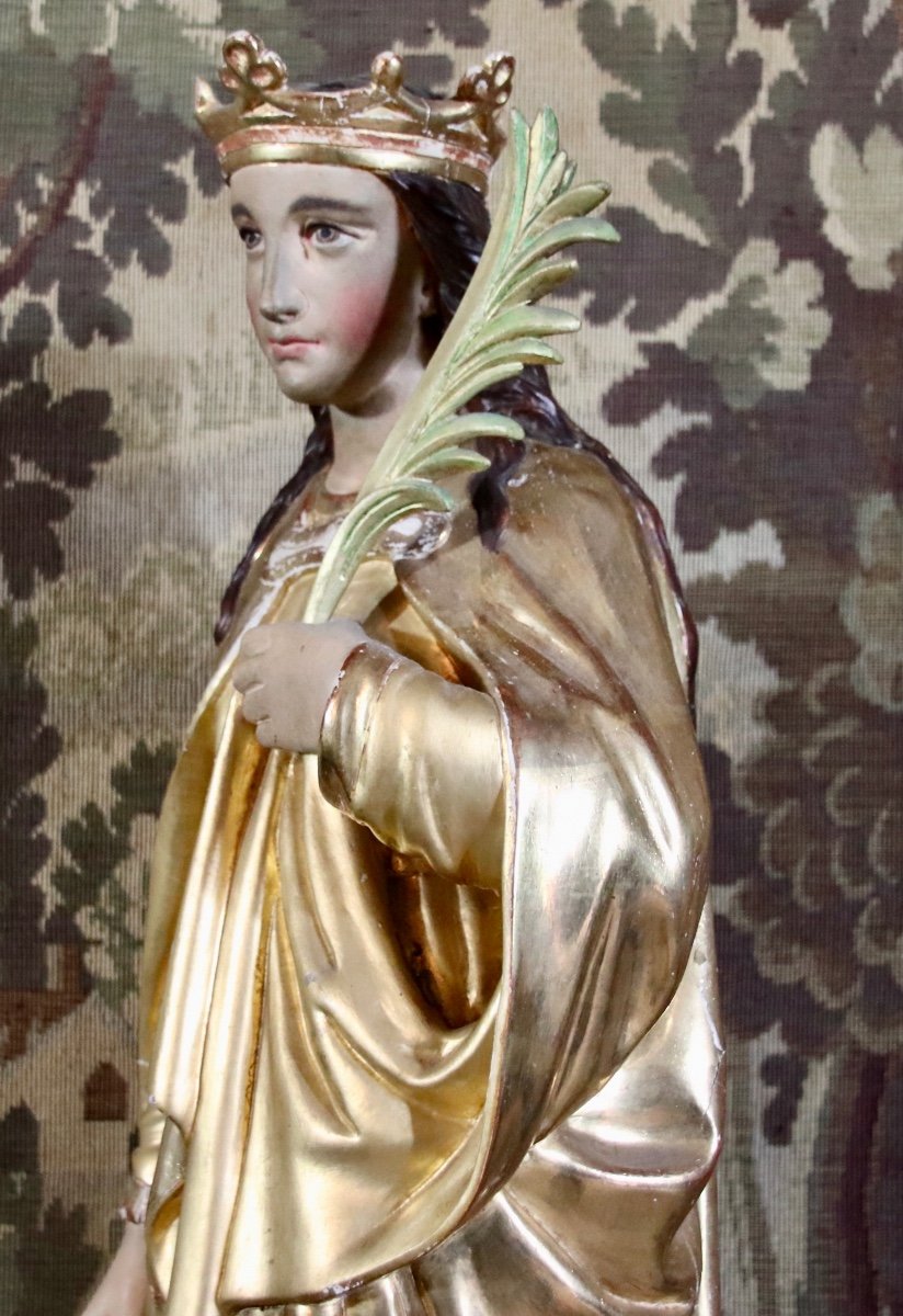 Large Sculpture Of Saint Catherine In Golden Wood, 18th Century -photo-6