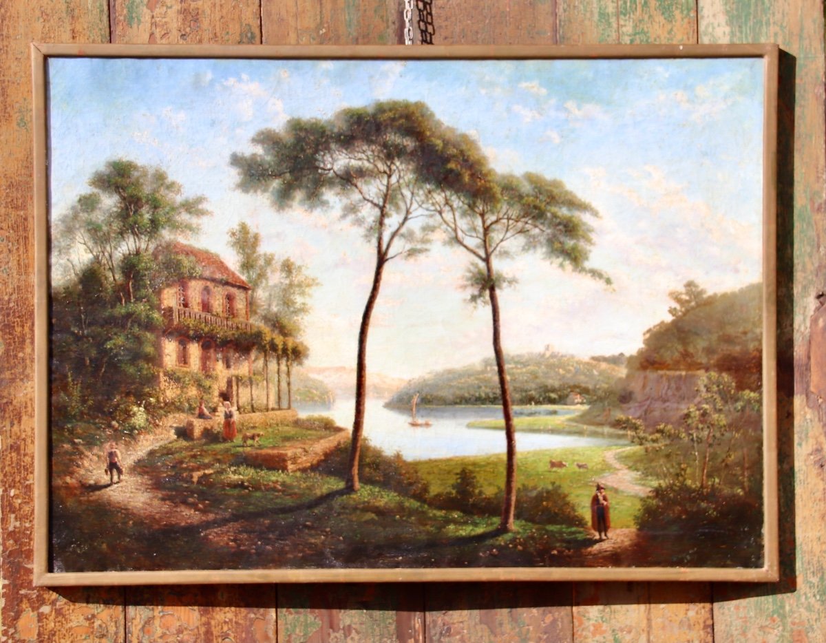 Peinture XIXème La Maison Au Bord du lac