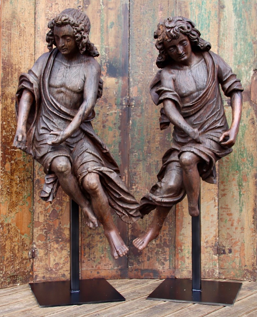 Large Pair Of Carved Wooden Angels, 18th Century -photo-7