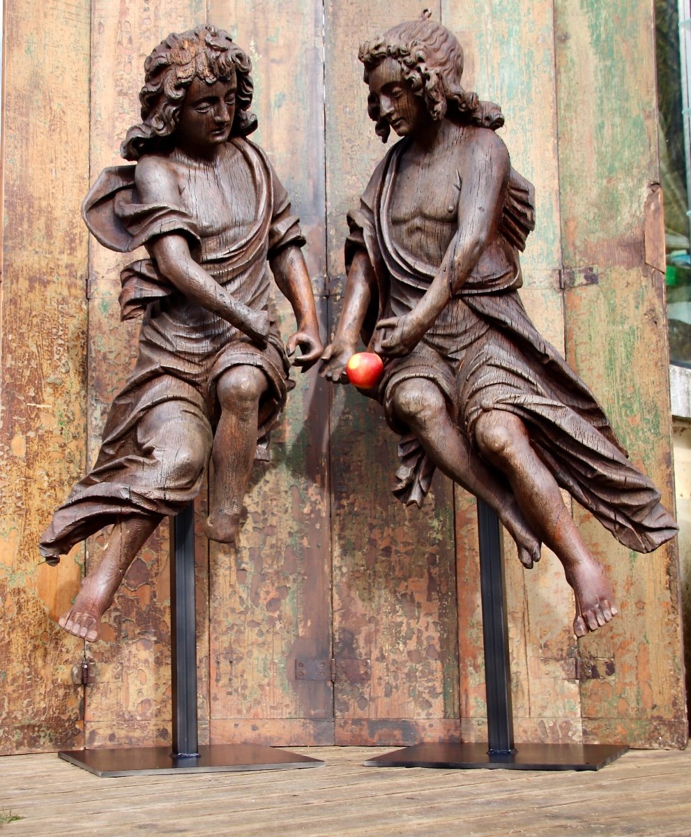 Large Pair Of Carved Wooden Angels, 18th Century 