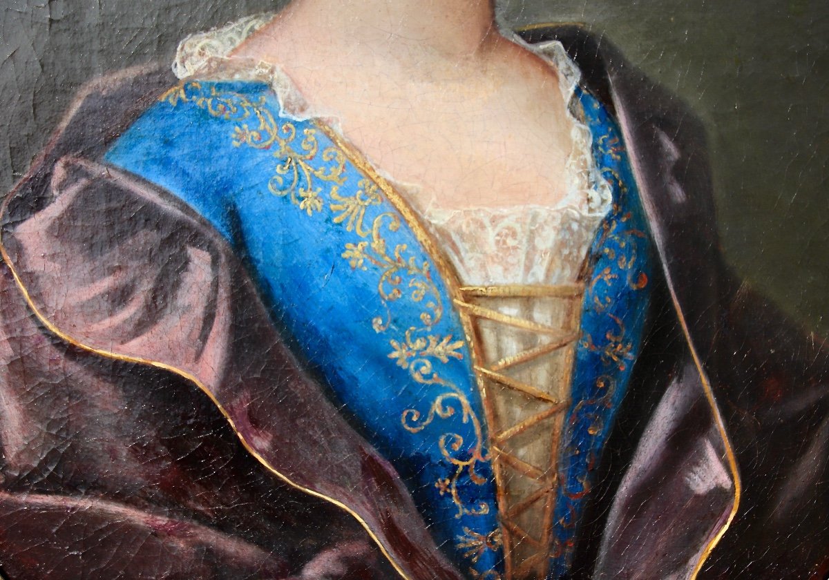 Peinture Portrait XVIIIème Jeune Femme Au Corset Bleu -photo-5