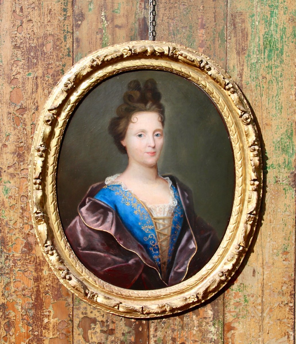 Peinture Portrait XVIIIème Jeune Femme Au Corset Bleu 