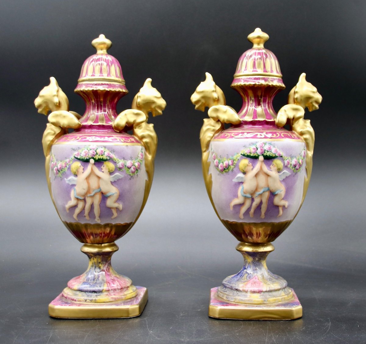 Pair Of Limoges Porcelain Baluster Vases Signed Roca-photo-3