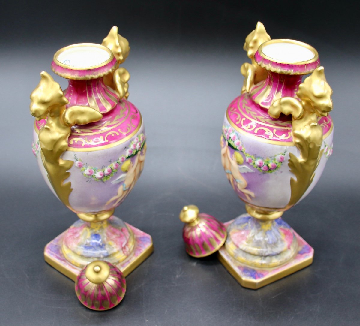 Pair Of Limoges Porcelain Baluster Vases Signed Roca-photo-2