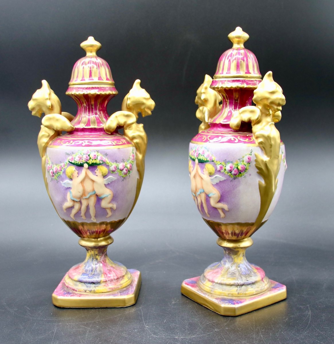 Pair Of Limoges Porcelain Baluster Vases Signed Roca-photo-4