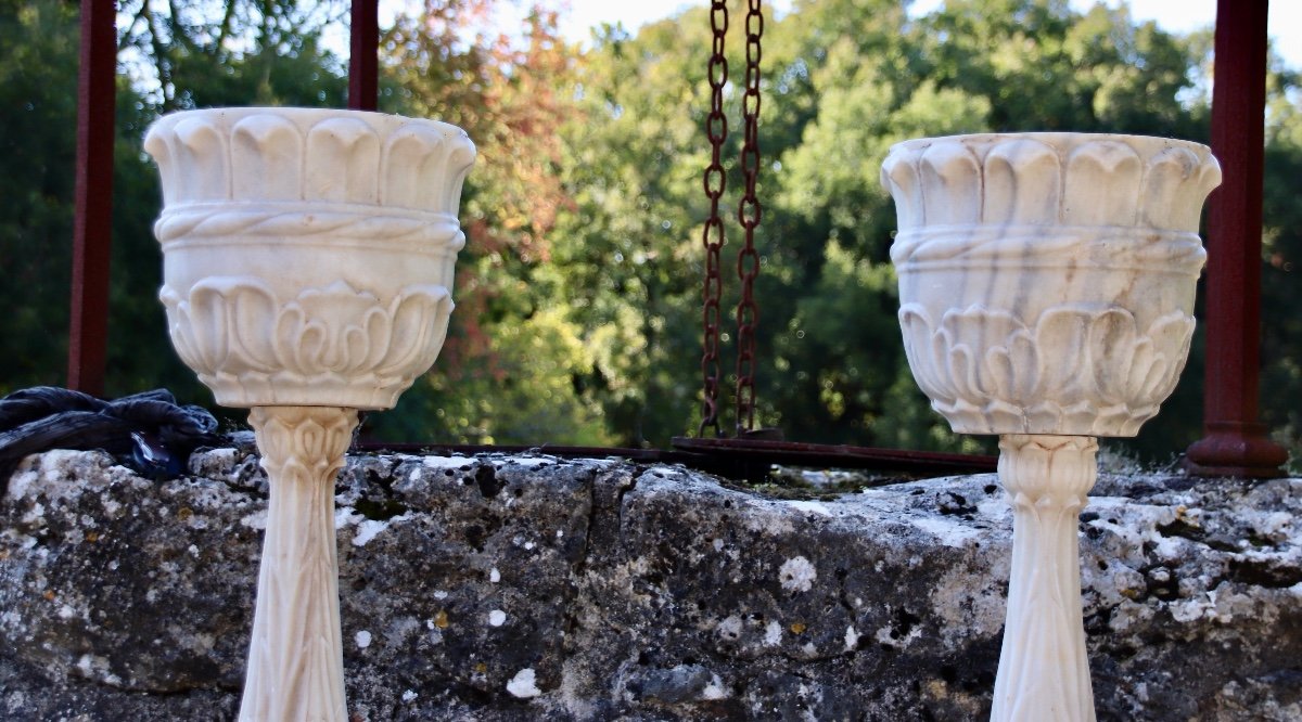 Grande Paire De Jardinières En Marbre De Carrare Début XXème-photo-2