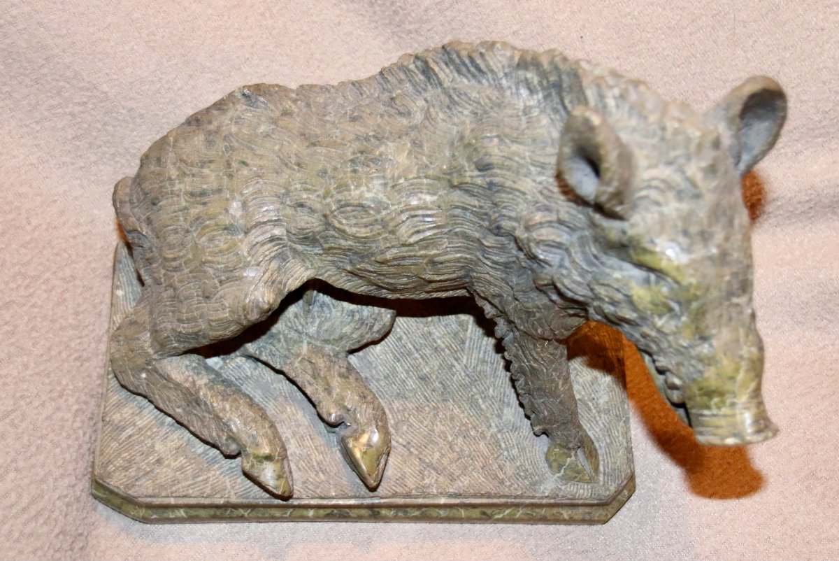 Serpentine Green Marble Boar Sculpture Late 19th Century-photo-3