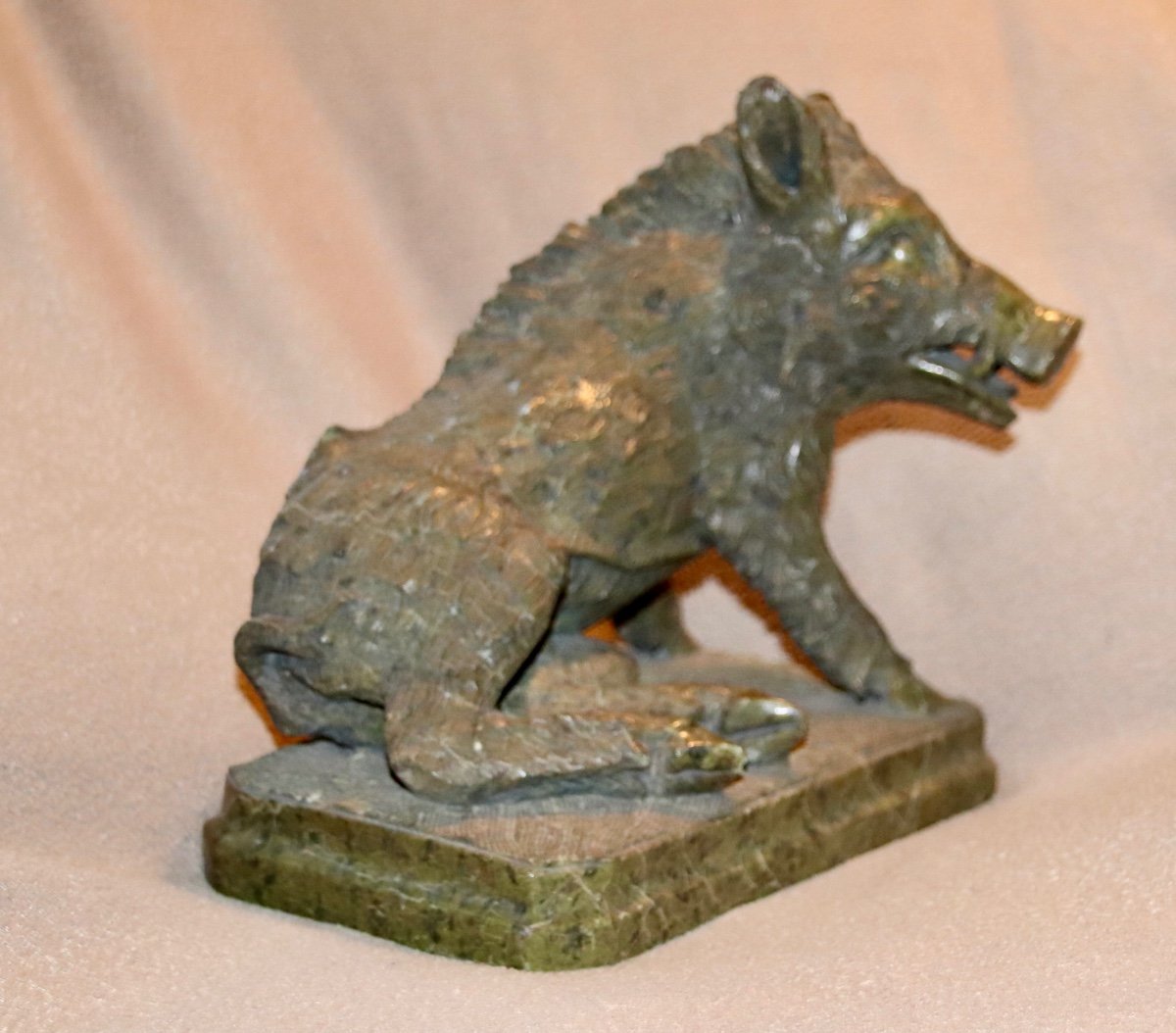 Serpentine Green Marble Boar Sculpture Late 19th Century-photo-4