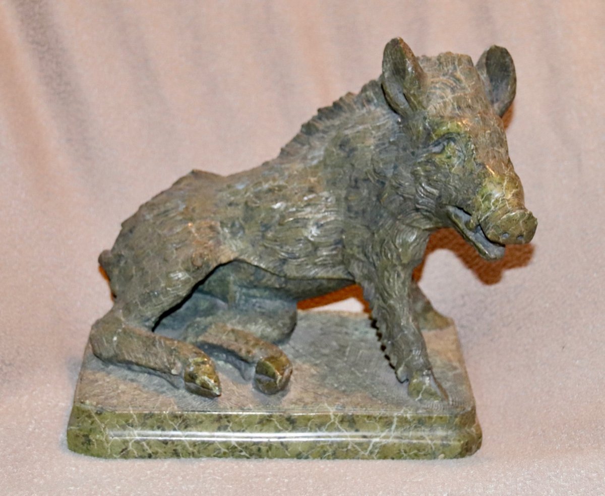 Serpentine Green Marble Boar Sculpture Late 19th Century-photo-1