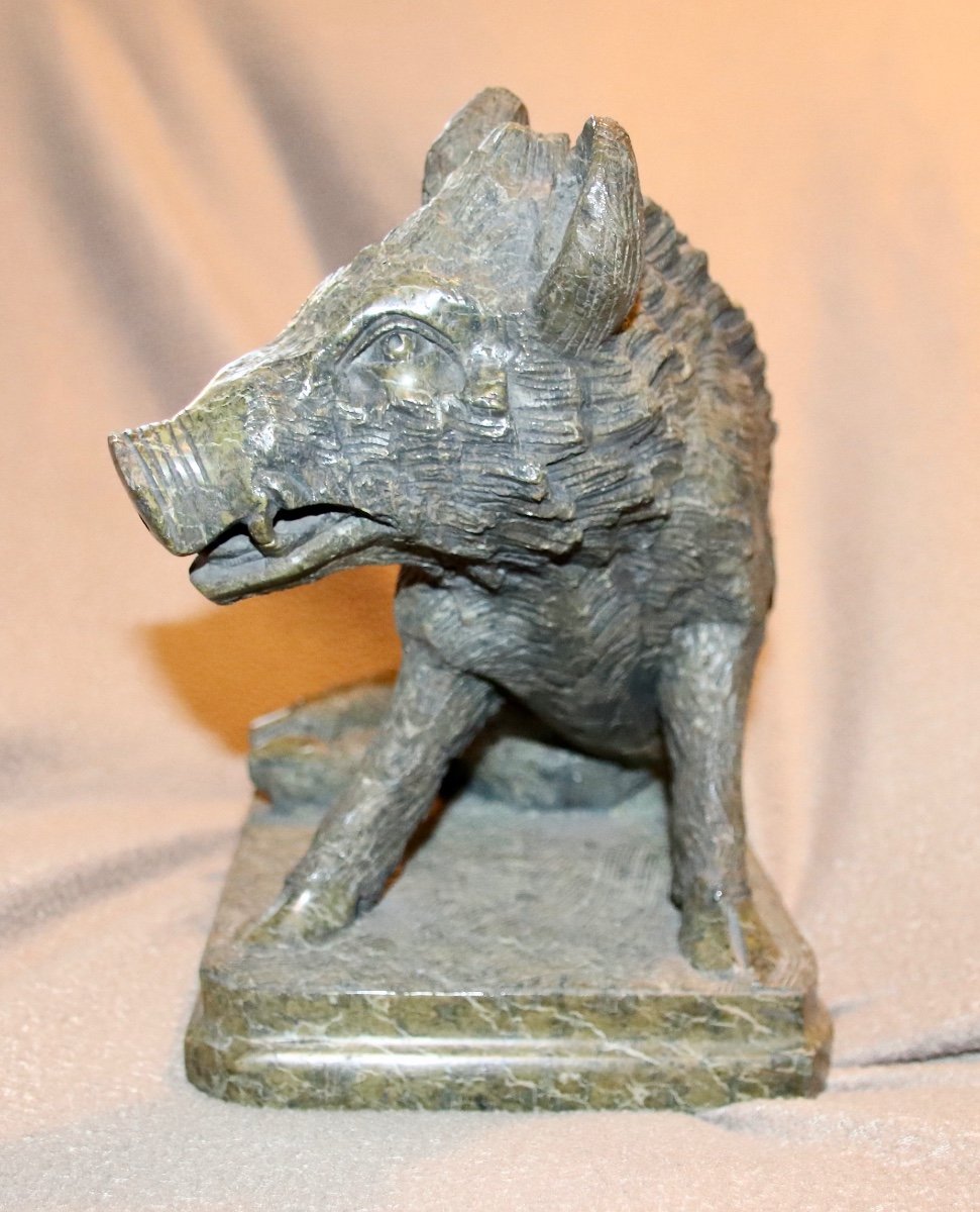 Serpentine Green Marble Boar Sculpture Late 19th Century-photo-4