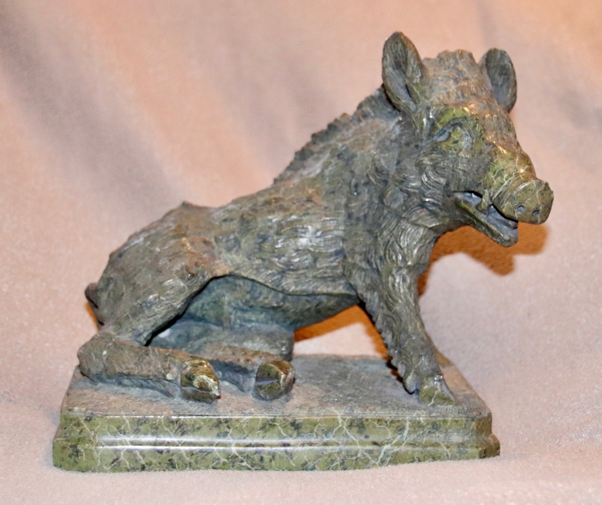 Serpentine Green Marble Boar Sculpture Late 19th Century