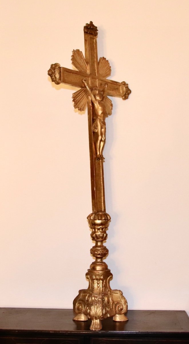 Grand Crucifix XVIIIème En Bois Doré-photo-1