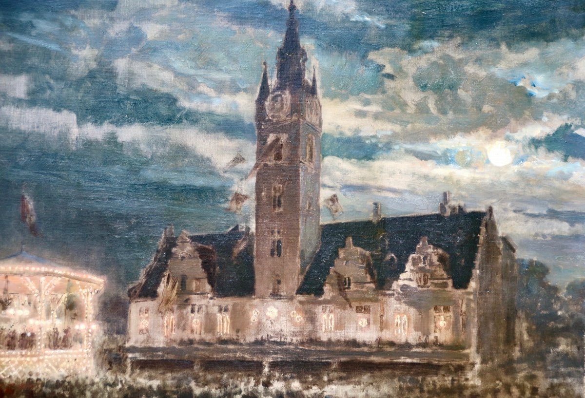 Peinture XIXème La Place Et Beffroi de Termonde Par Jan Frans Verhas-photo-3