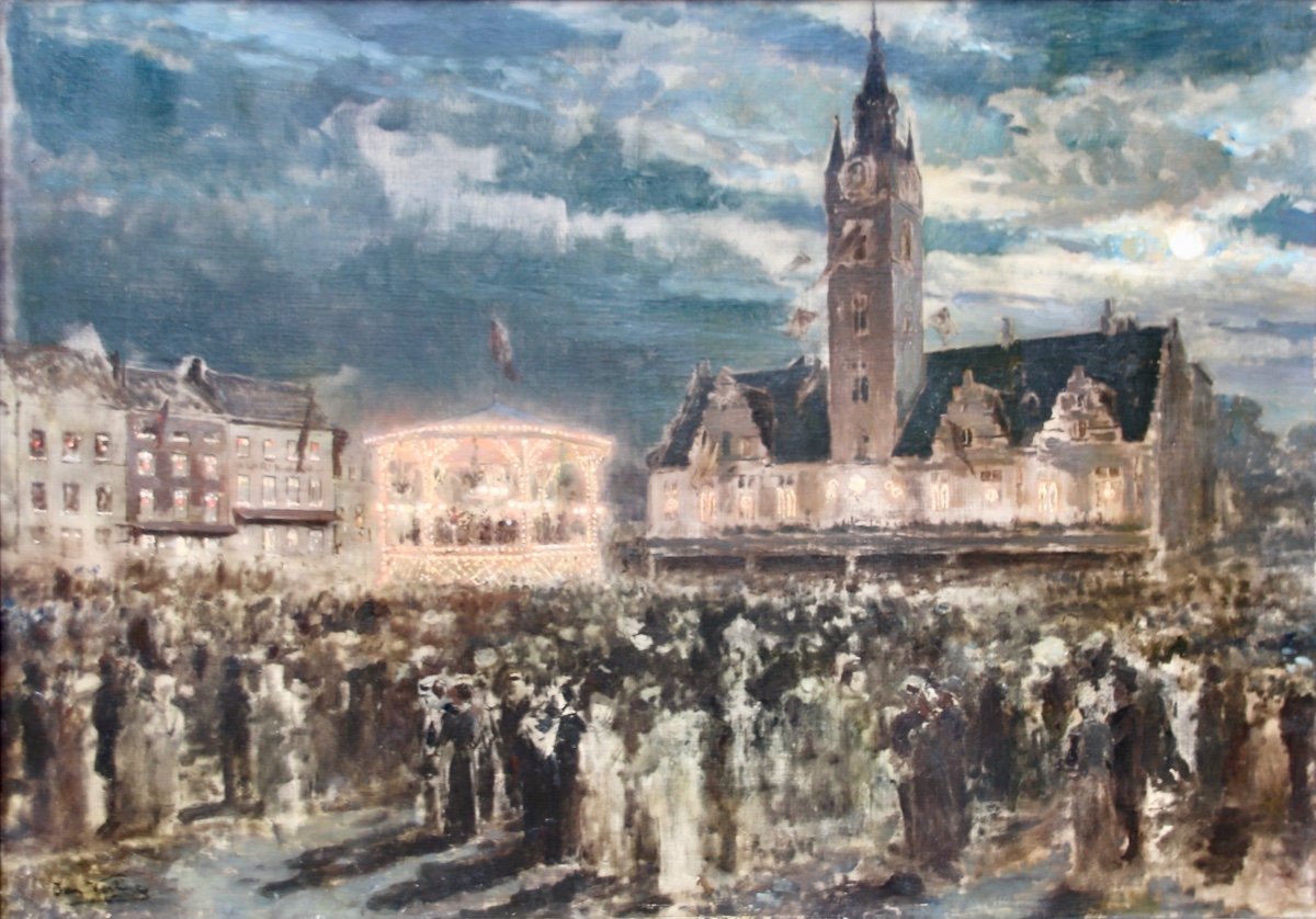 Peinture XIXème La Place Et Beffroi de Termonde Par Jan Frans Verhas-photo-1