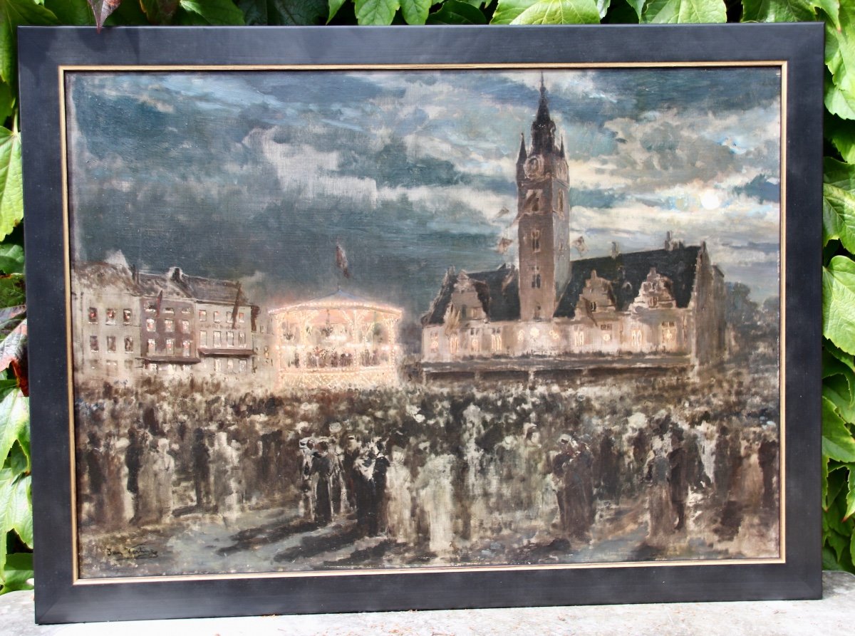 Peinture XIXème La Place Et Beffroi de Termonde Par Jan Frans Verhas-photo-4