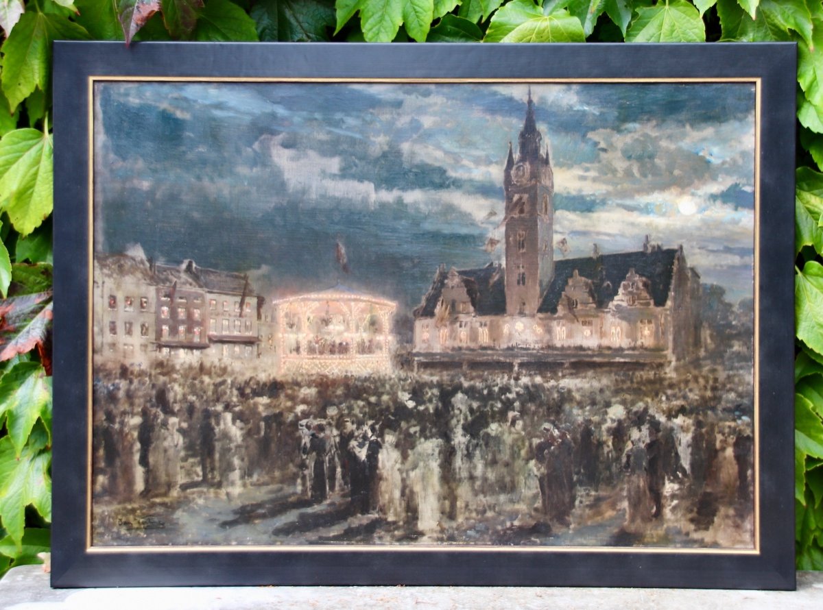 Peinture XIXème La Place Et Beffroi de Termonde Par Jan Frans Verhas