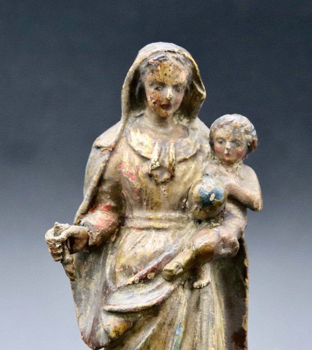 Vierge à l'Enfant XVIIIème En Bois Polychrome et doré-photo-3