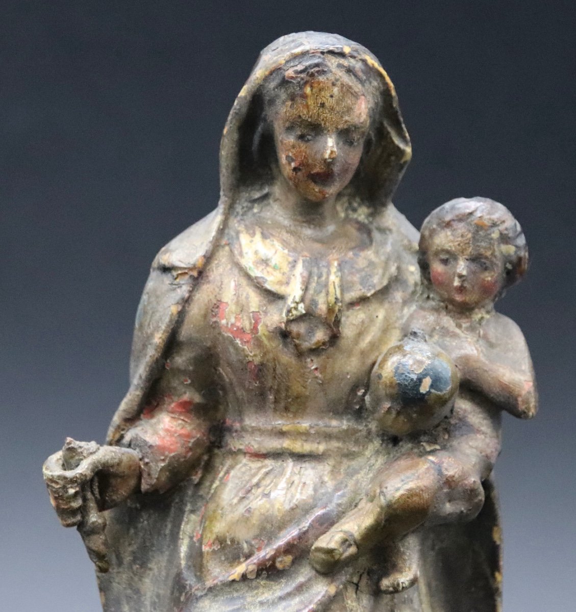 Vierge à l'Enfant XVIIIème En Bois Polychrome et doré