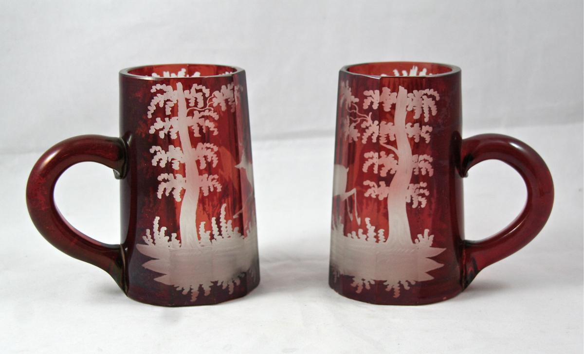 Pair Of XIXth Steins Crystal De Bohemia