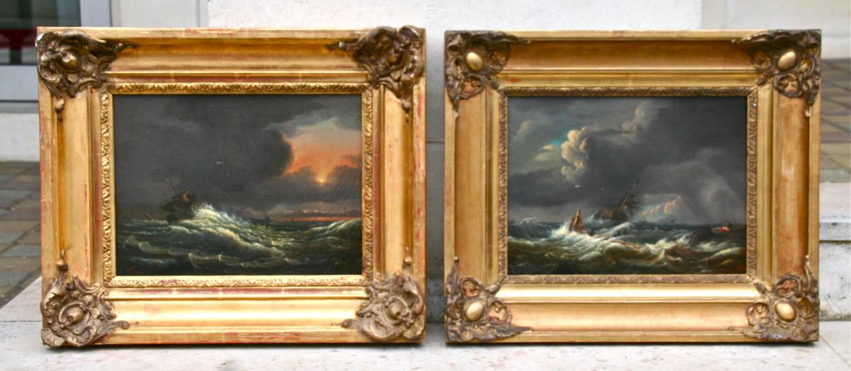 Pair Of XIXth Painting "shipwreck Navy And" Clementine Bar