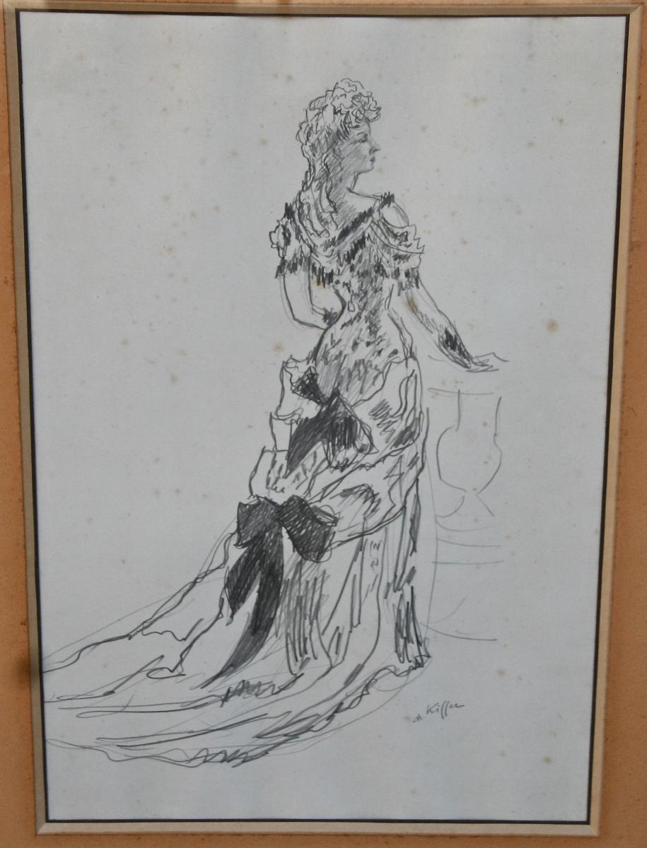 Drawing "young Woman In Dress Evening" From Charles Kiffer-photo-2