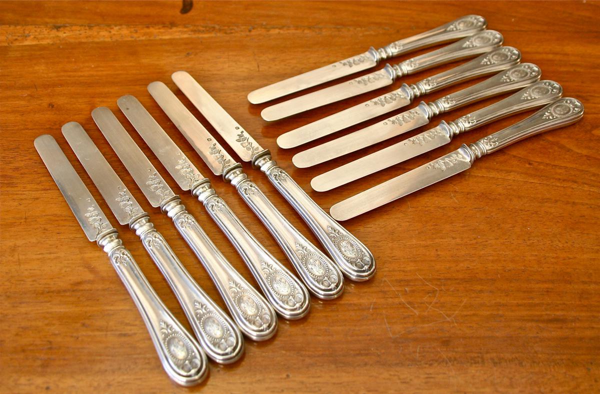 Suite Of Twelve XIXth Silver Fruit Knives-photo-5