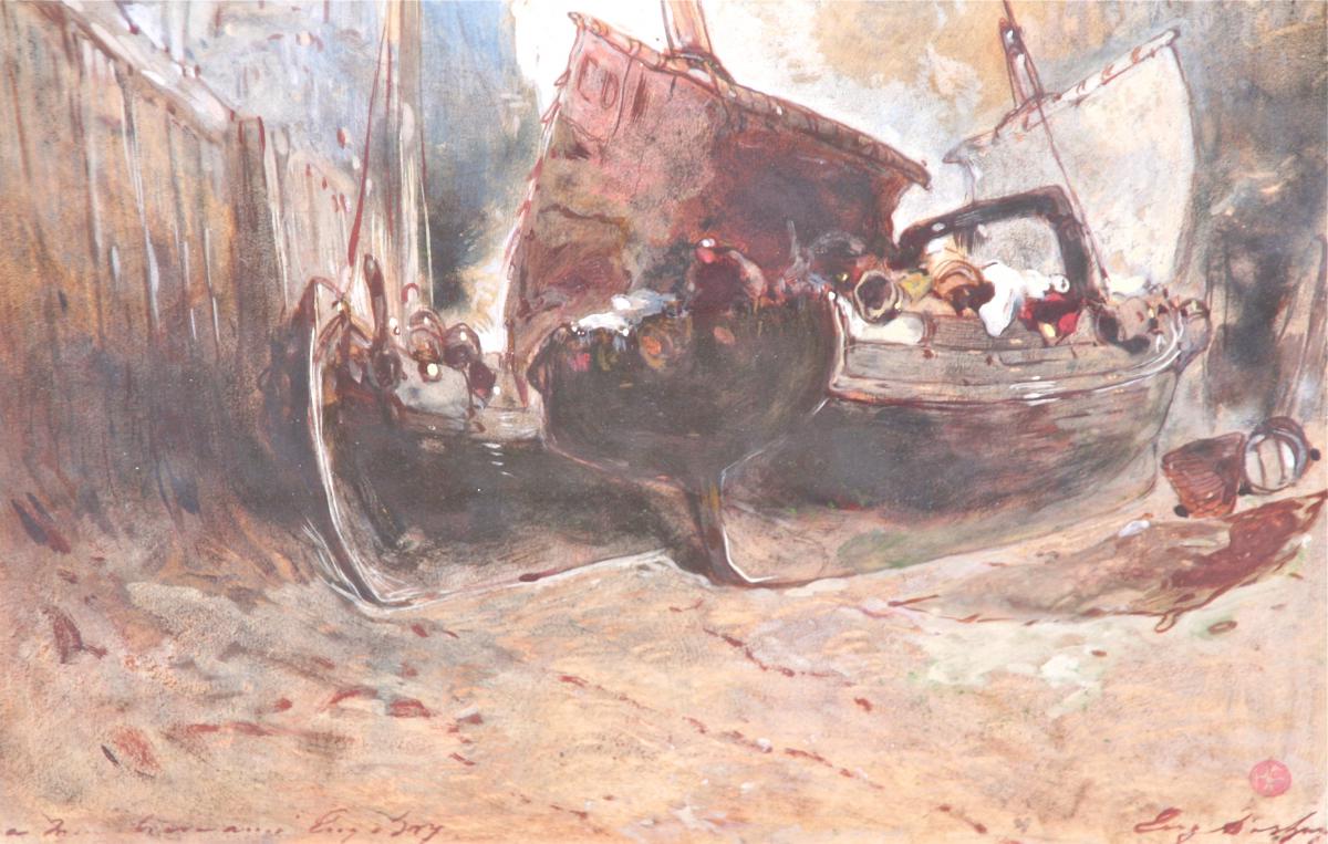 Watercolor "caulking Of The Ships" By Eugène Deshayes-photo-4