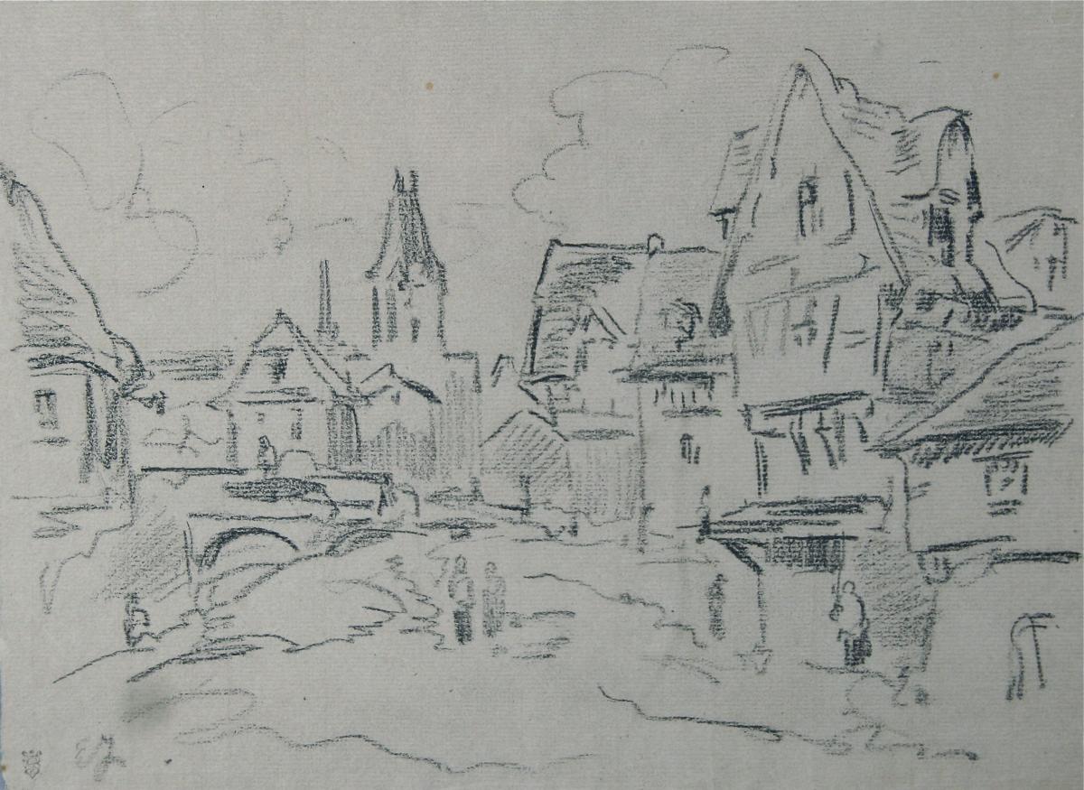 Dessin XIXème "village Normand" d'Eugène Isabey-photo-2