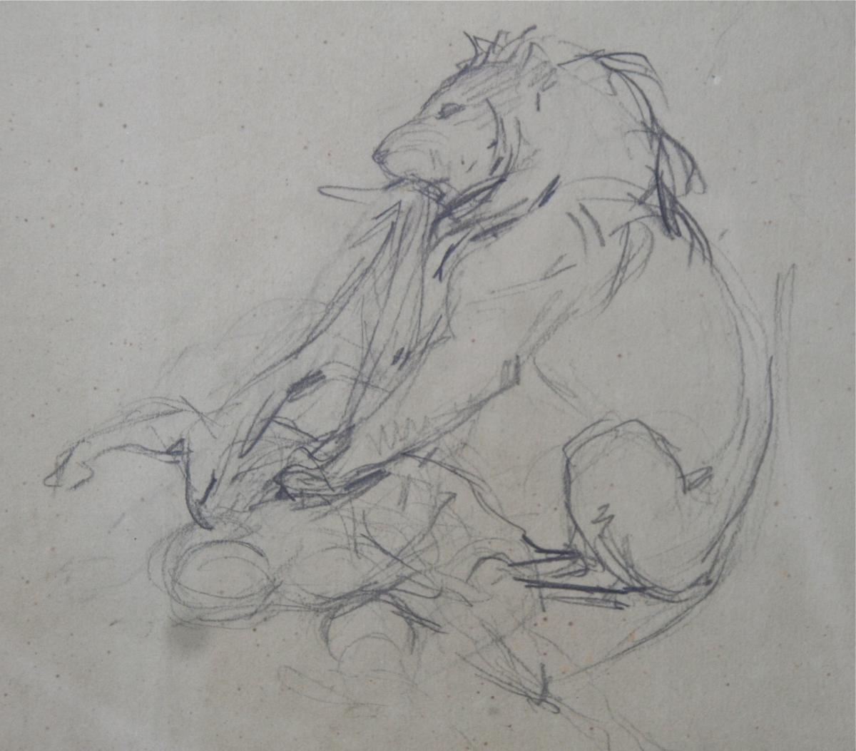 Drawing Of Victor Prouvé "lion Devouring An Antillope"-photo-4