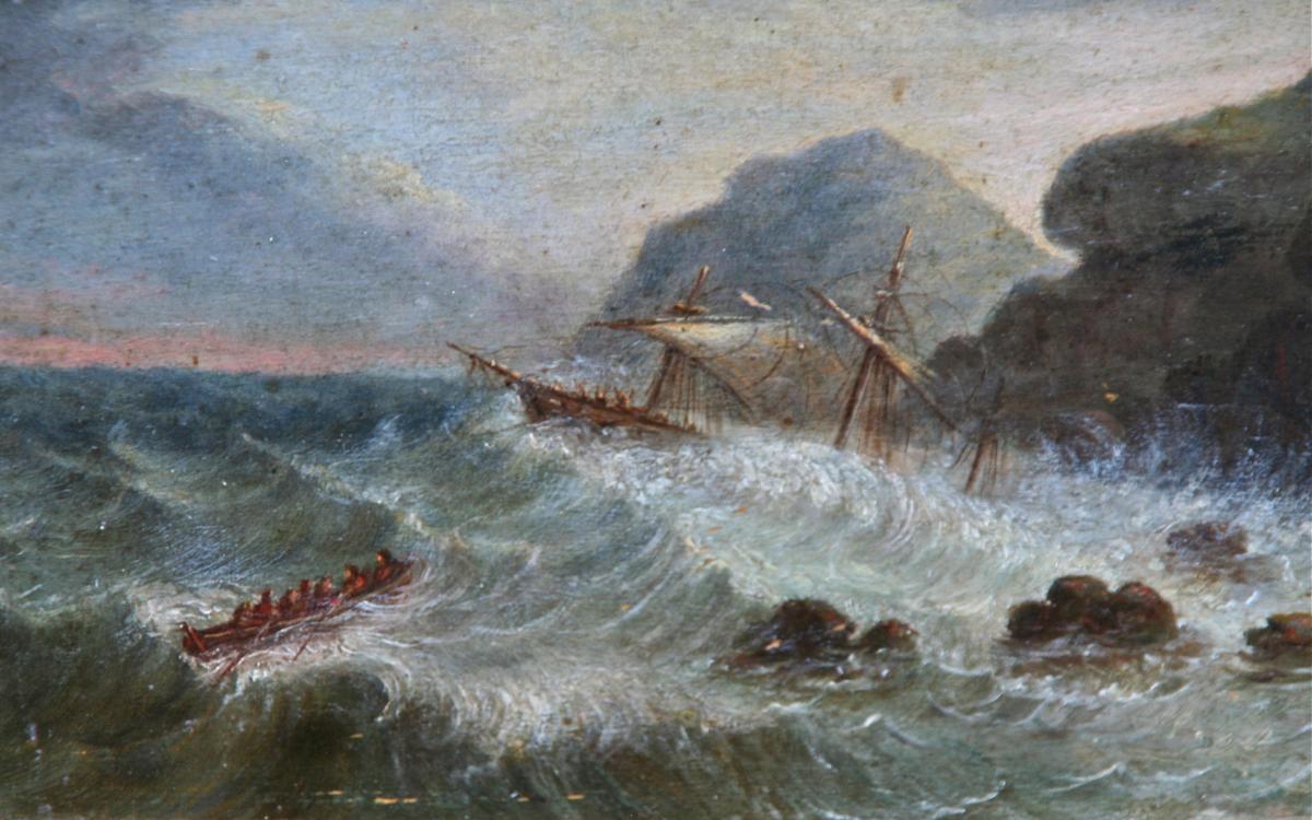 Proantic Peinture Marine Sur Panneau Xixème Bateaux Dans La Tempêt 8903