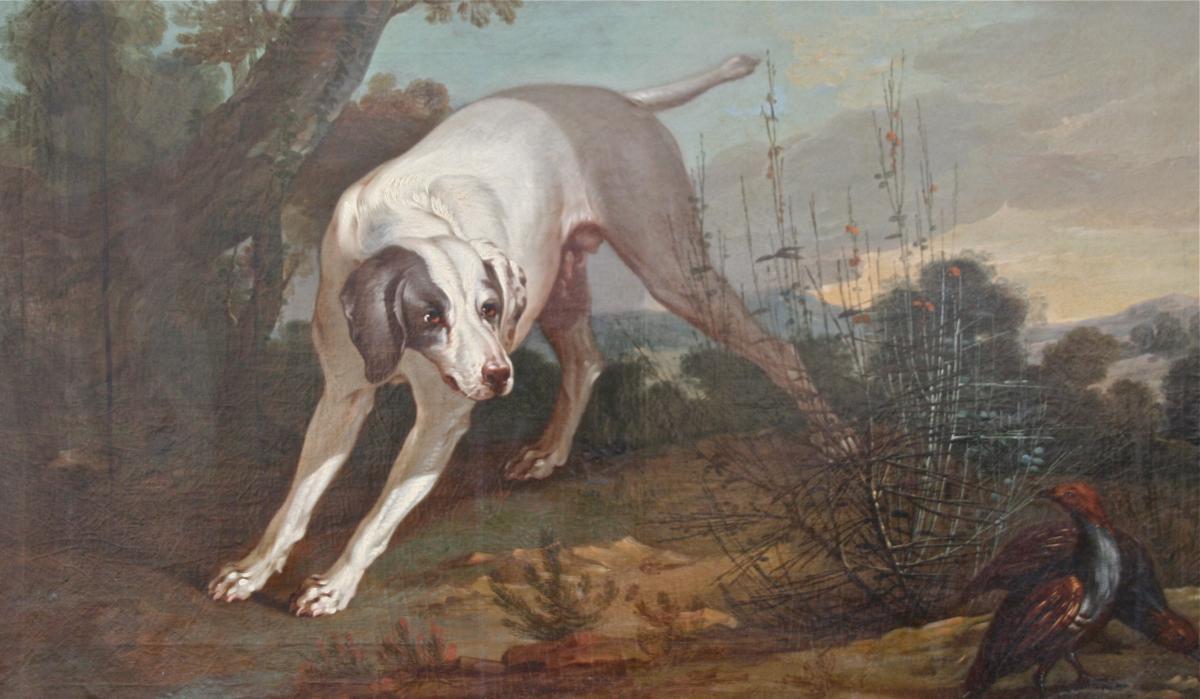 Painting XVIII "dog With The Stop" Attributed To Jb Oudry-photo-2