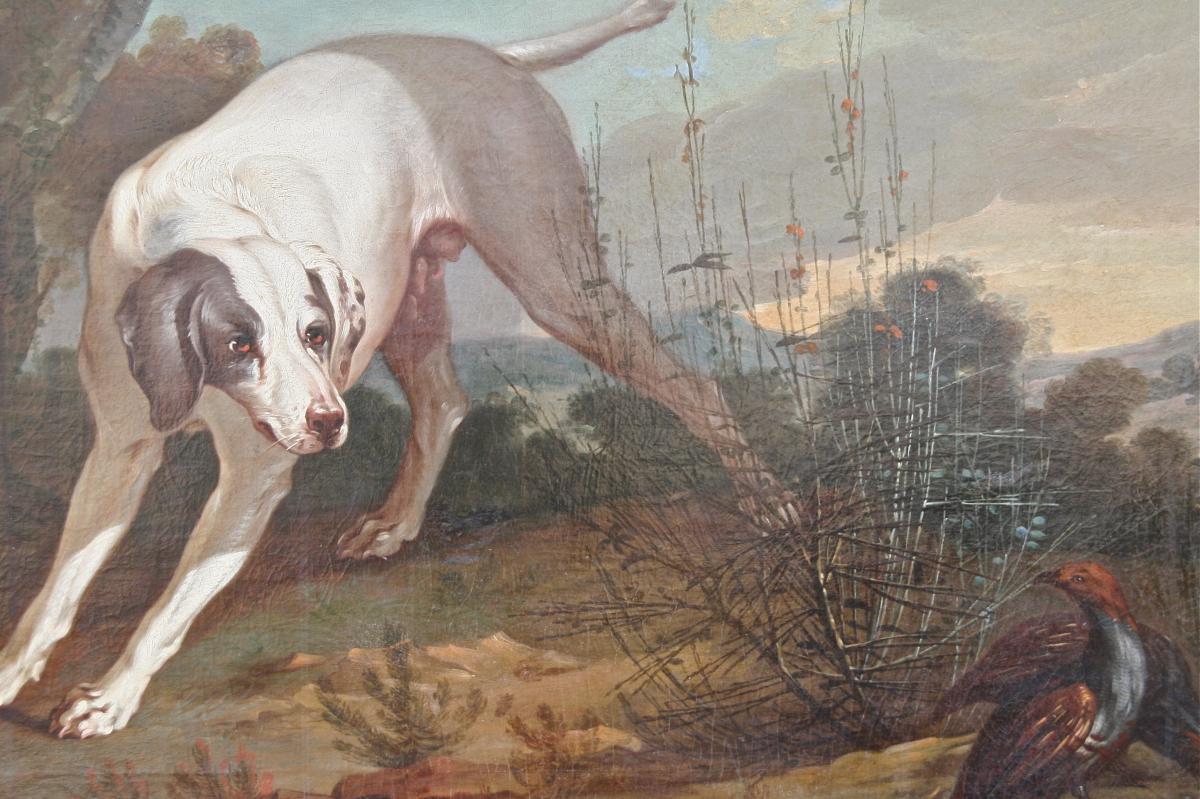 Painting XVIII "dog With The Stop" Attributed To Jb Oudry-photo-3