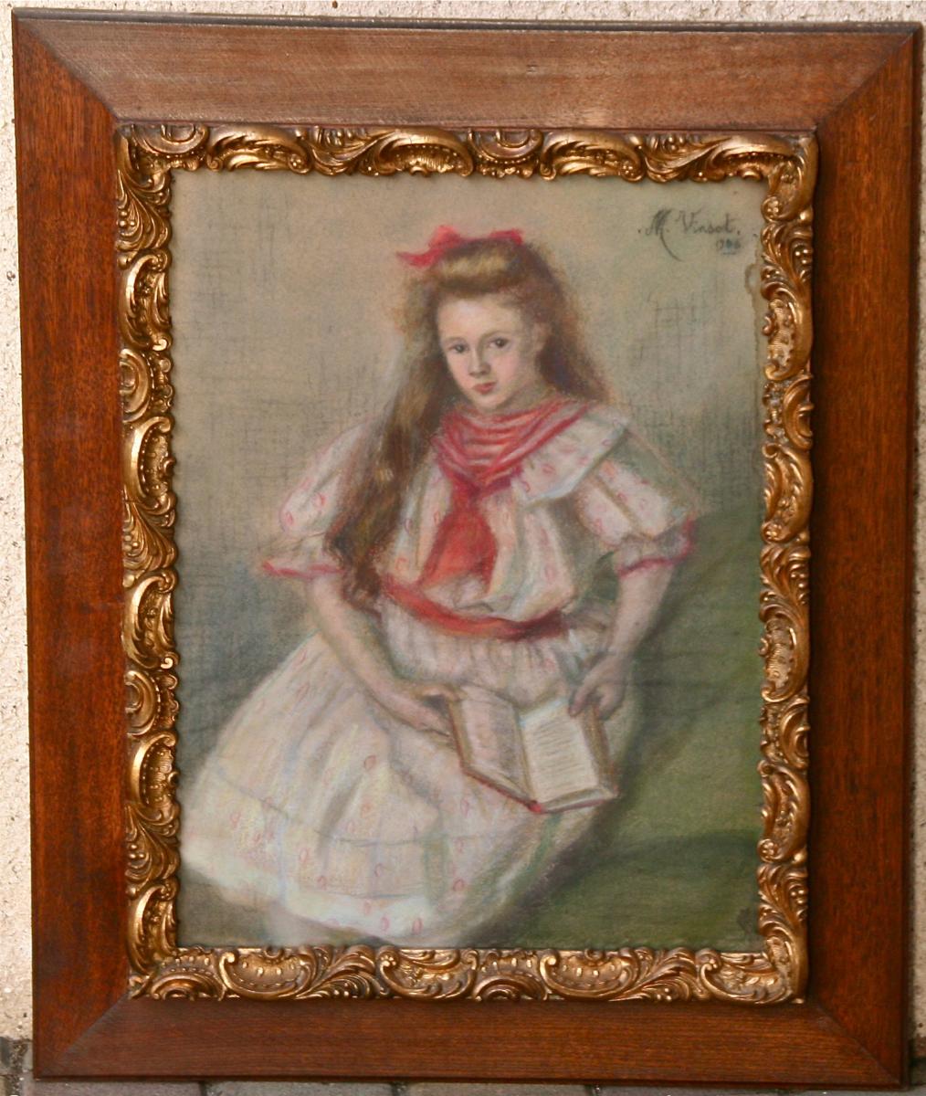 Pastel "portrait d'Une Jeune Fille Assise" Par M. Vinsot 1906