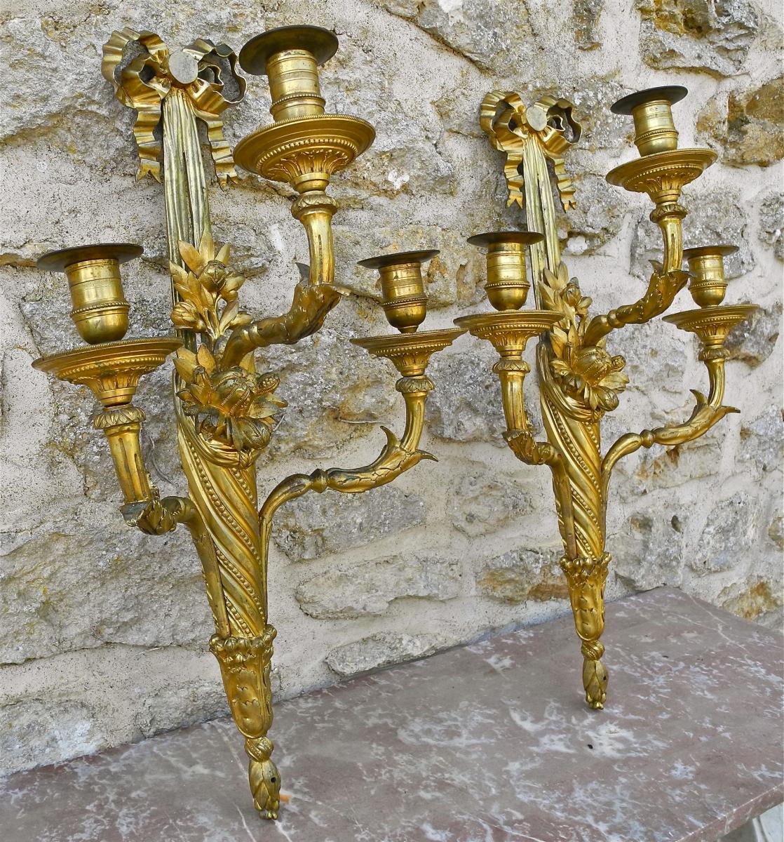 Pair Of Louis XVI Gilt Bronze Sconces Eighteenth Time-photo-5