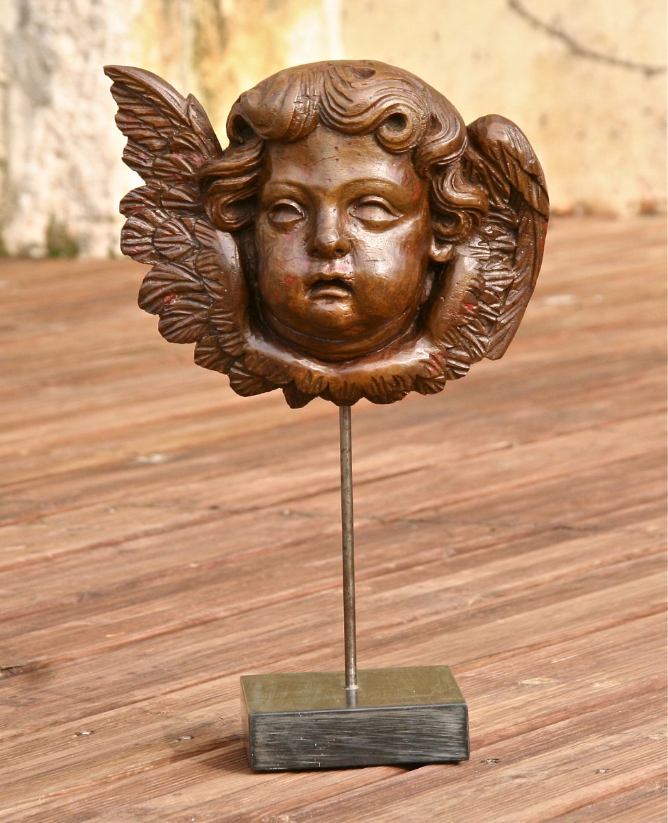 XVIIIth Angel Head In Carved Walnut-photo-2