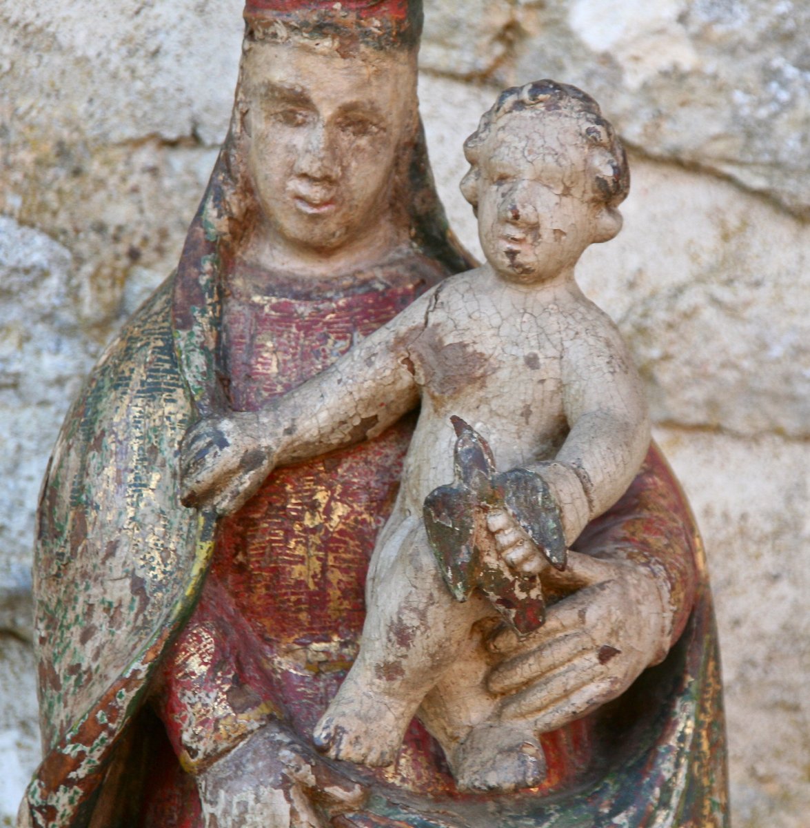 Vierge À l'Enfant Espagnole XVIIème En Bois Polychrome-photo-8