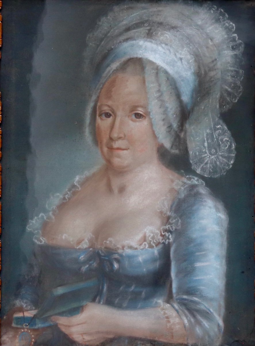 Pastel d'époque XVIIIème Femme à La Coiffe Et Au Livre-photo-8