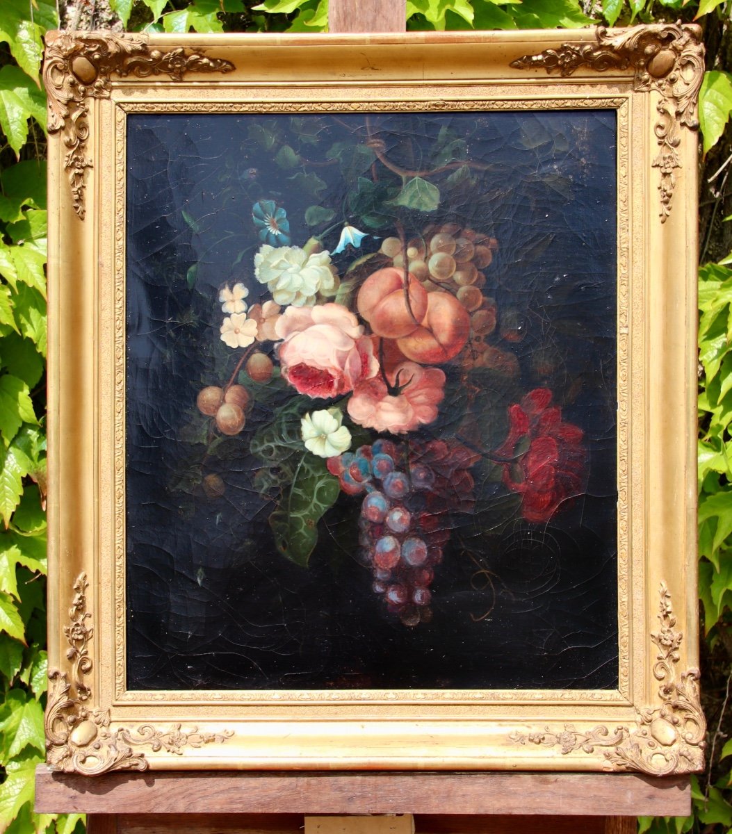 XIXth Painting Still Life With Roses And Fruits-photo-5