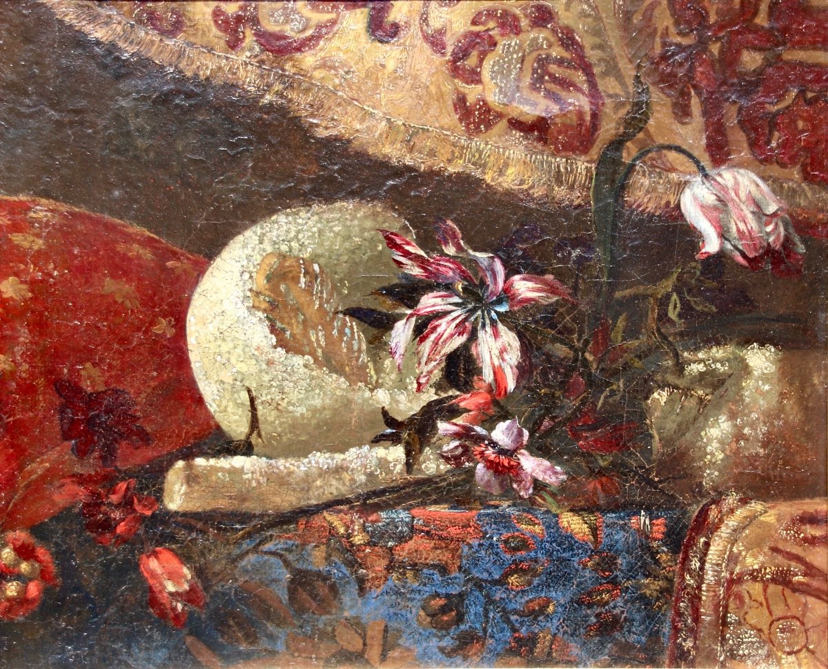 Peinture XVIIème Nature Morte Aux Fruits Et Fleurs Sur Fond De Tapisserie -photo-5